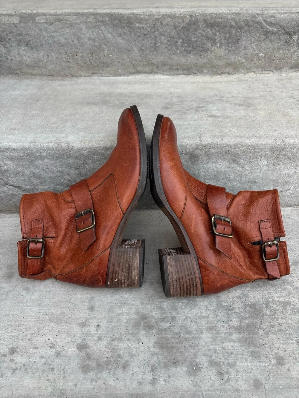 Paul Green München Cognac Leather Double Buckle Ankle Boots Women’s US 8 / EU 5½